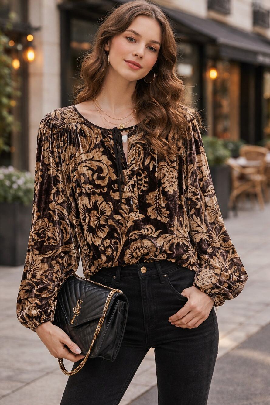 Anthropologie Faustine Velvet Floral Peasant Blouse L Boho Smocked Top